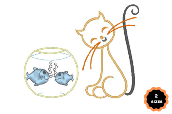 Cat with Fish Embroidery Design